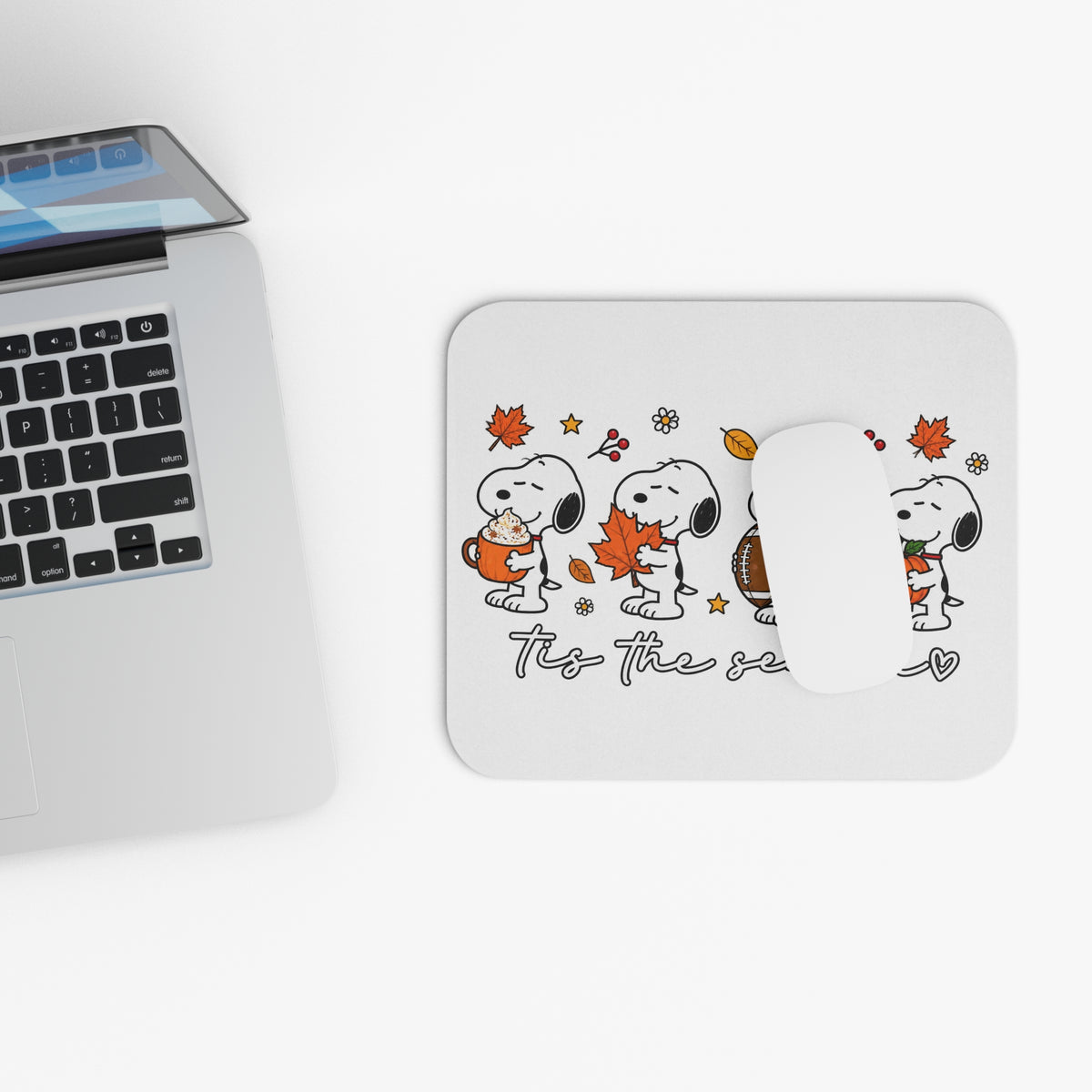 Snoopy 'Tis the Season' Fall Mouse Pad — Autumn Pumpkin, Leaves & Hot Cocoa Desk Mat