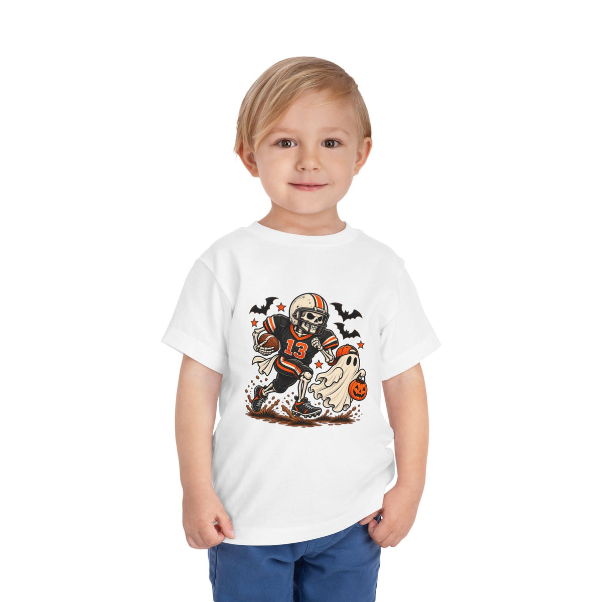 Toddler Halloween Football Tee — Cute Ghost & Skull Player Pumpkin Design