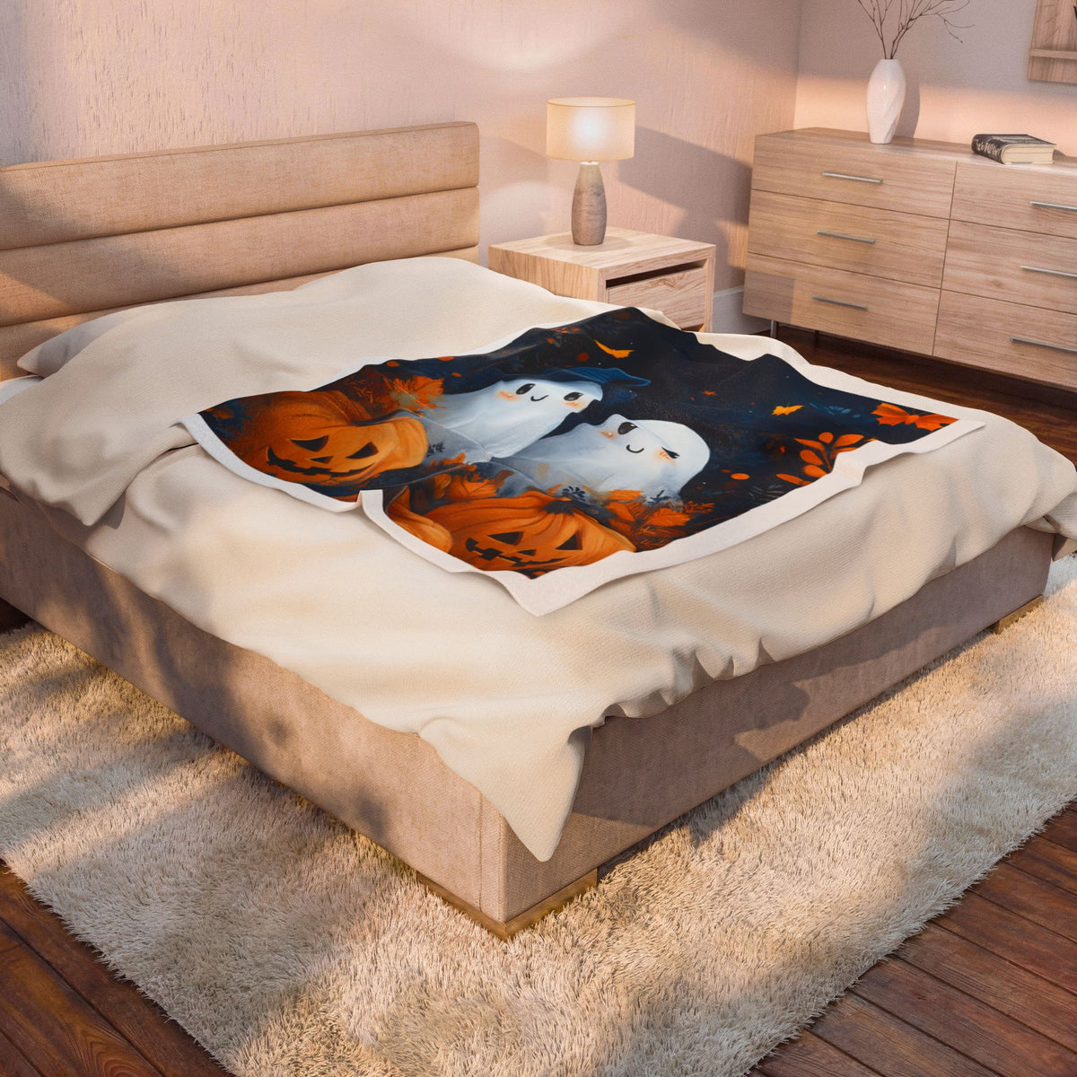 Halloween Ghosts Velveteen Plush Blanket — Cute Pumpkin Night Throw