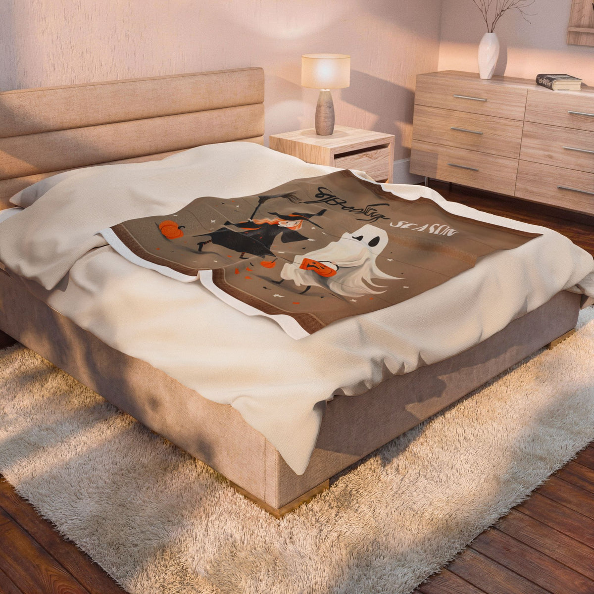 Spooky Season Plush Blanket – Cute Witch & Ghost Halloween Throw