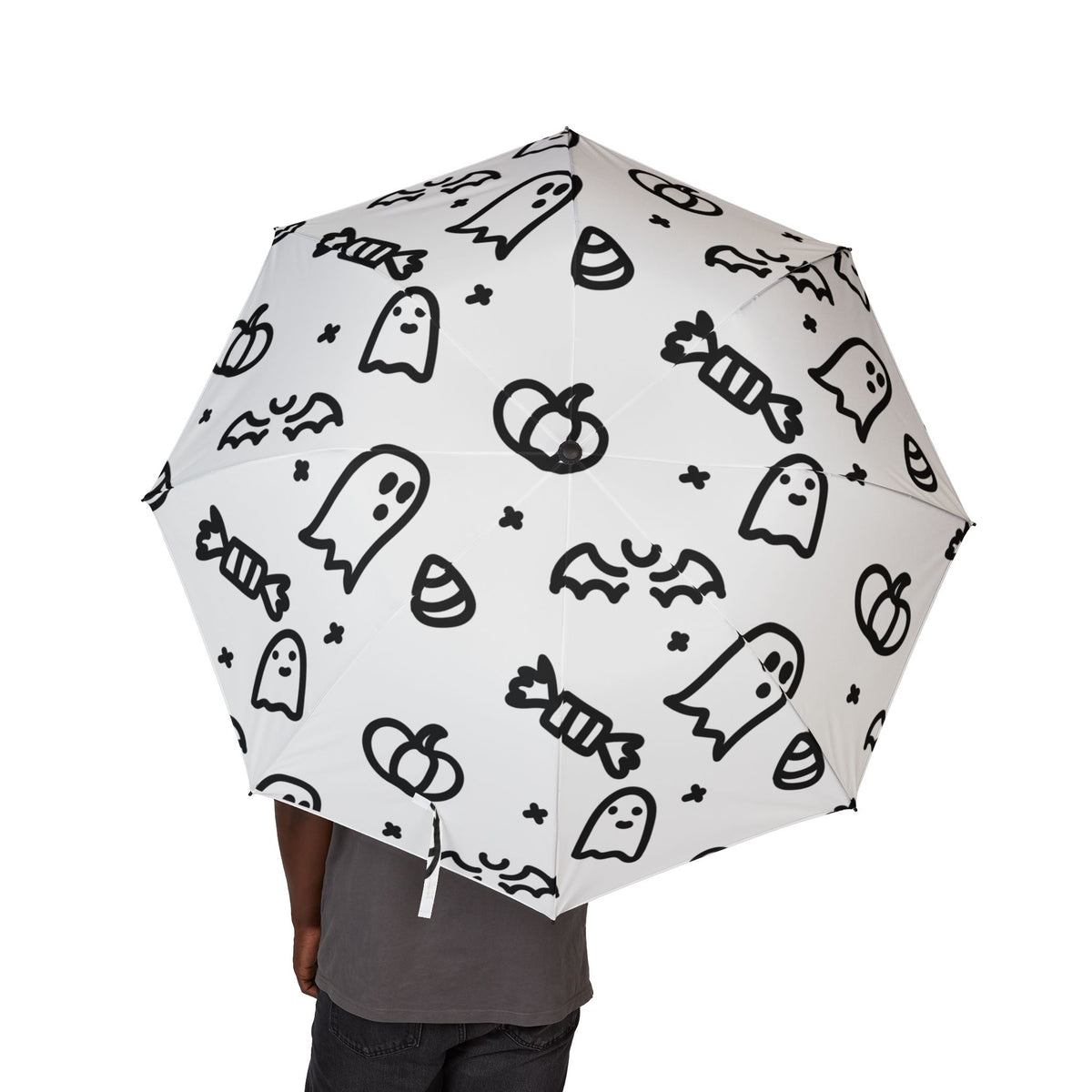 Cute Cat Doodle Foldable Umbrella — Black & White Semi‑Automatic Travel Umbrella