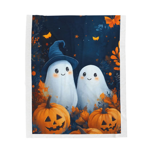 Halloween Ghosts Velveteen Plush Blanket — Cute Pumpkin Night Throw