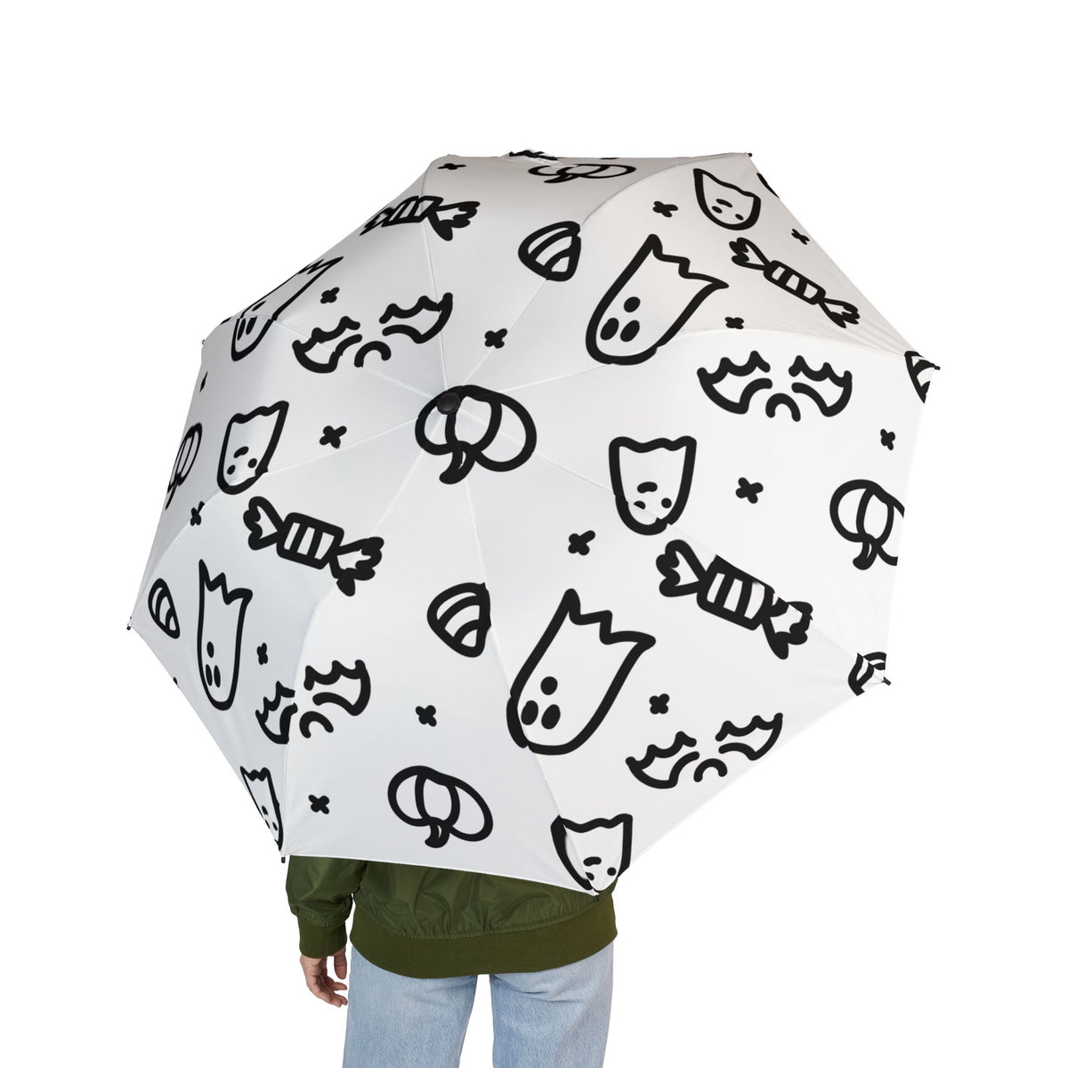 Cute Cat Doodle Foldable Umbrella — Black & White Semi‑Automatic Travel Umbrella