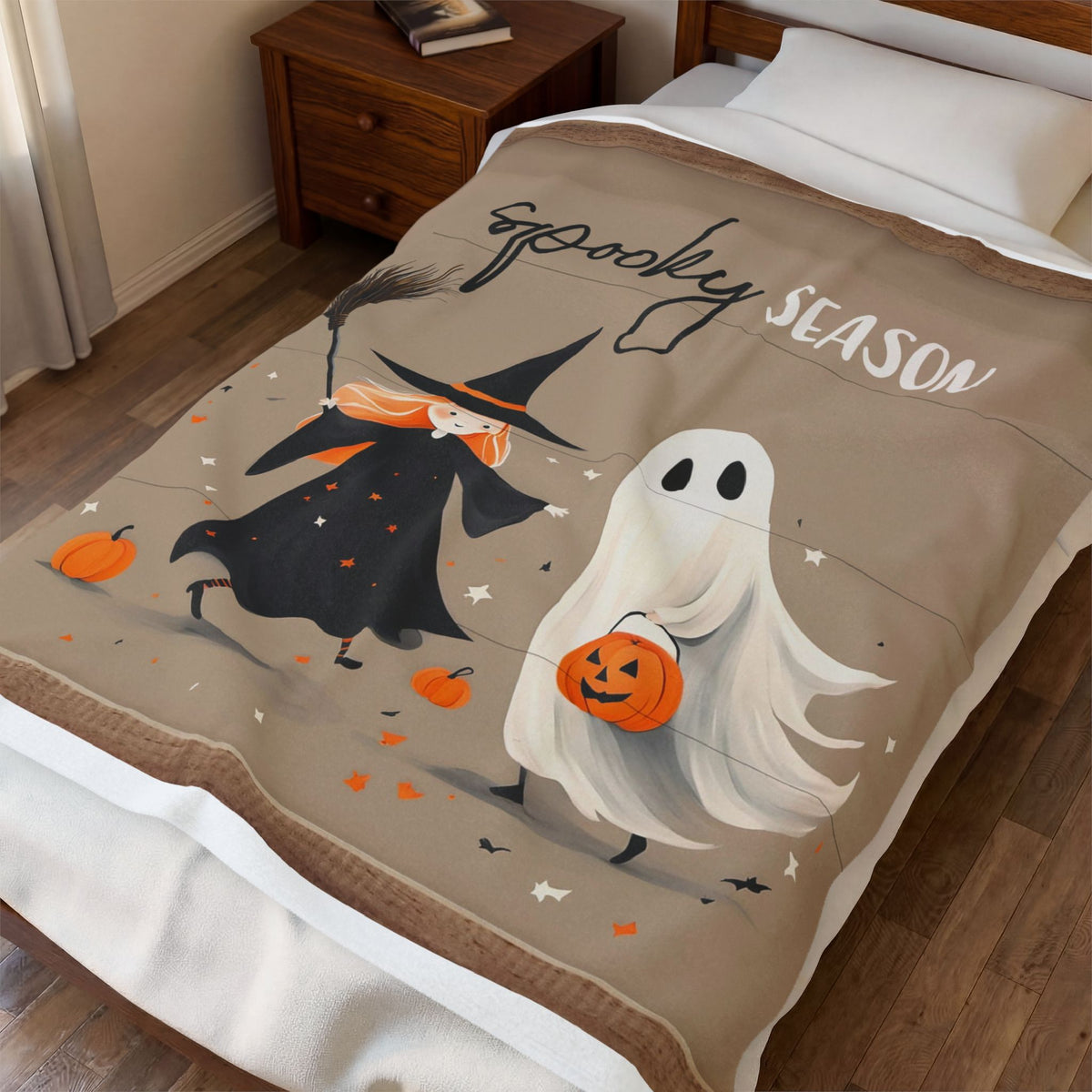 Spooky Season Plush Blanket – Cute Witch & Ghost Halloween Throw
