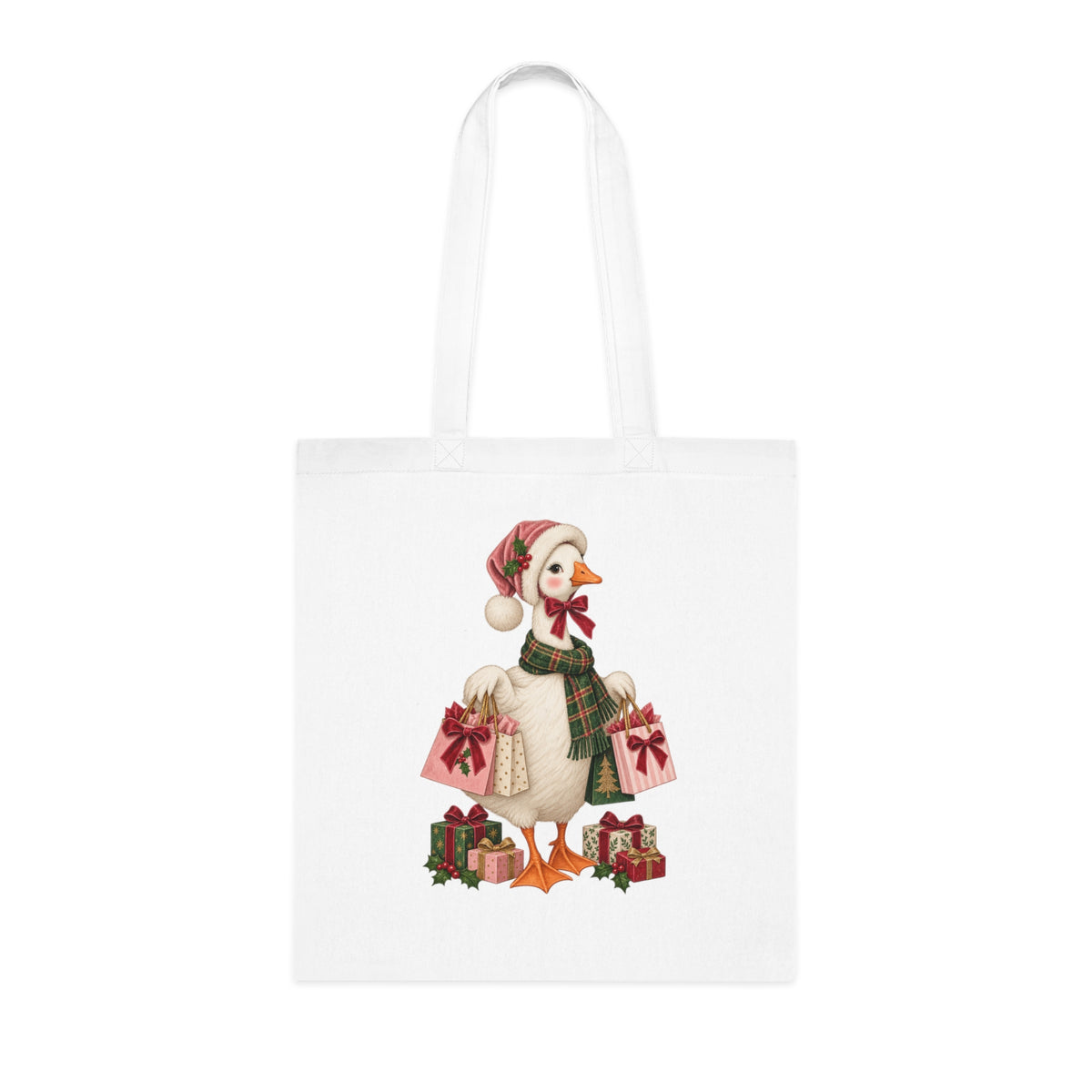Christmas Duck Tote Bag — Festive Holiday Shopping Cotton Tote with Duck Carrying Gifts