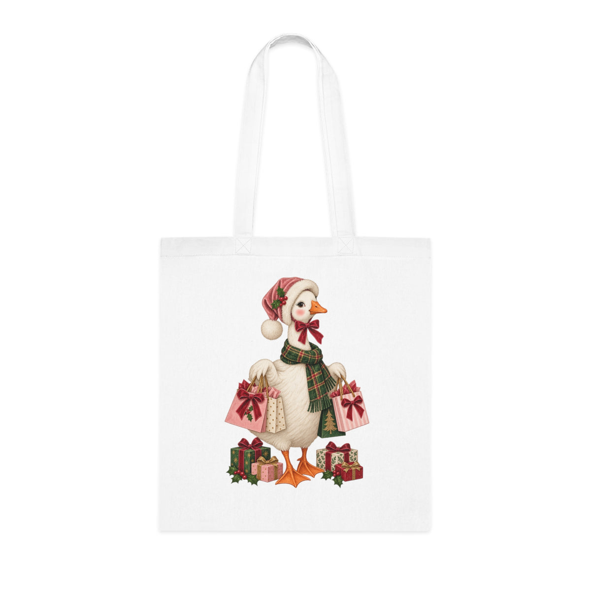Christmas Duck Tote Bag — Festive Holiday Shopping Cotton Tote with Duck Carrying Gifts