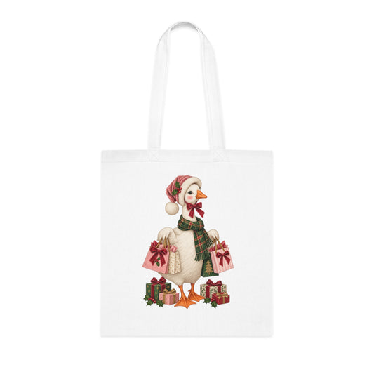 Christmas Duck Tote Bag — Festive Holiday Shopping Cotton Tote with Duck Carrying Gifts