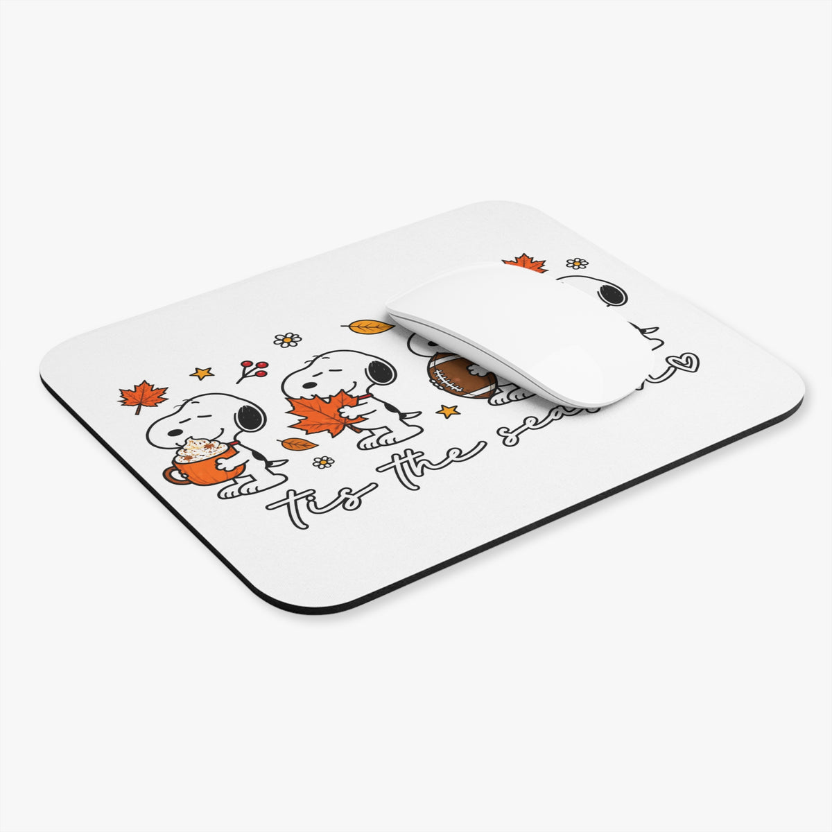 Snoopy 'Tis the Season' Fall Mouse Pad — Autumn Pumpkin, Leaves & Hot Cocoa Desk Mat