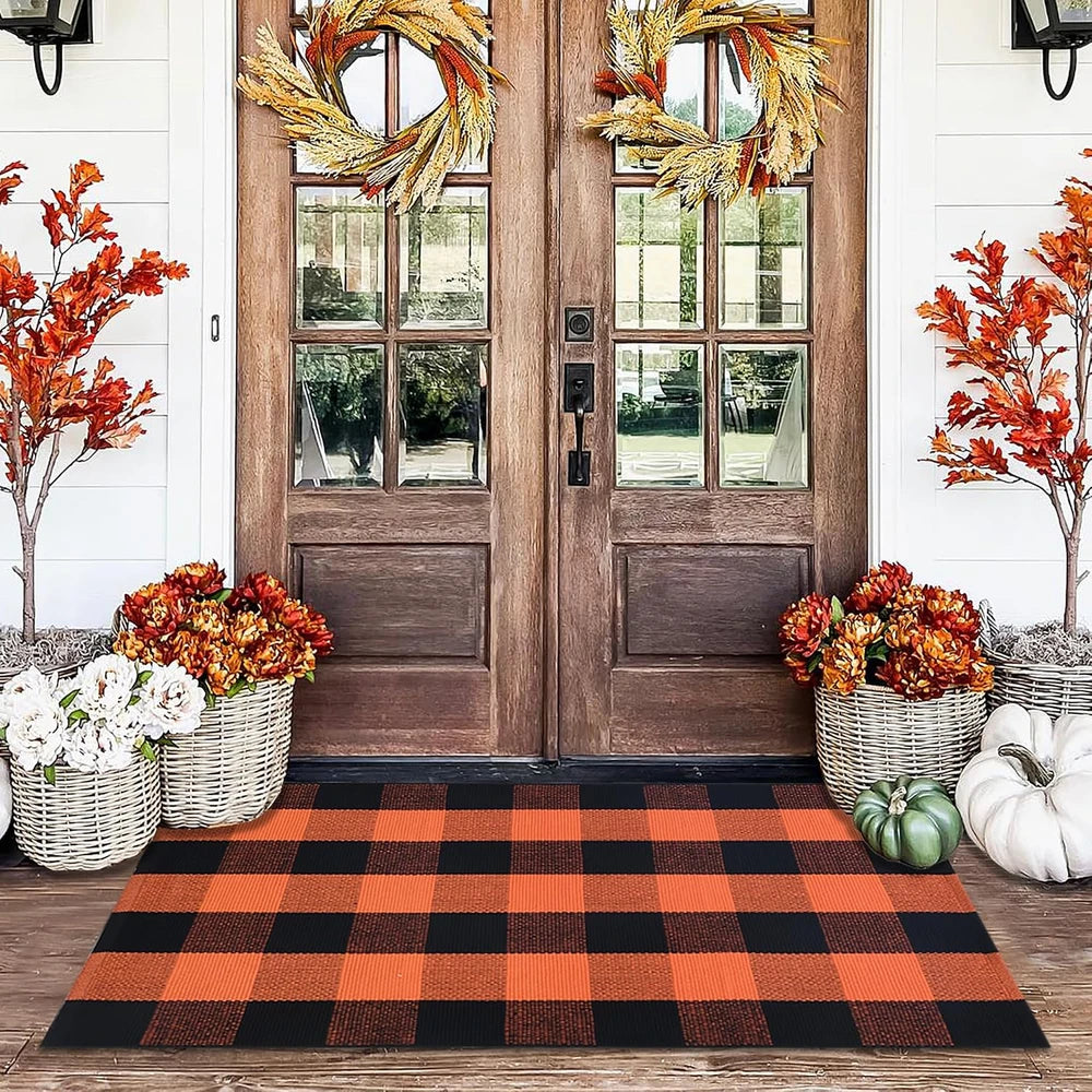 Orange and Black Plaid Porch Rug