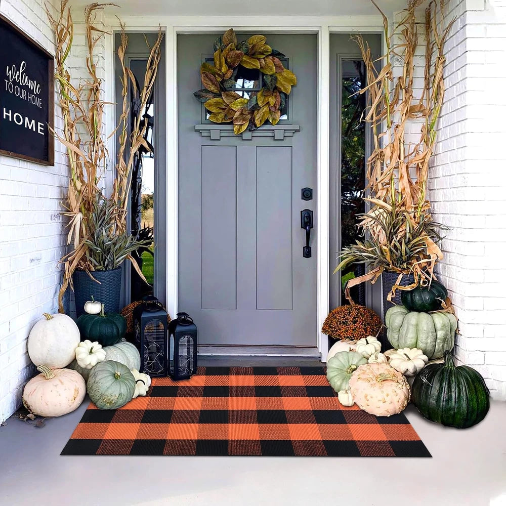 Orange and Black Plaid Porch Rug