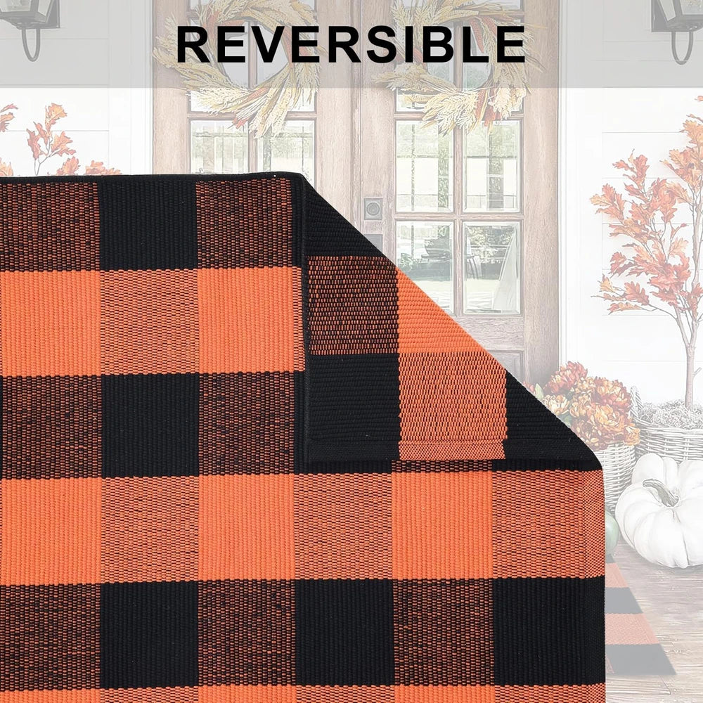 Orange and Black Plaid Porch Rug