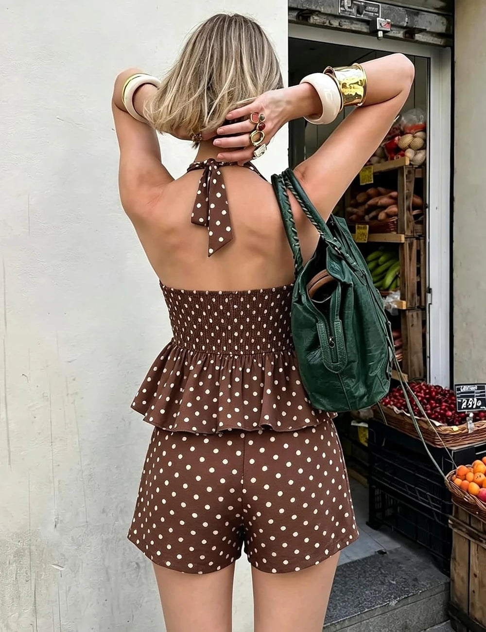 Polka Dot Halter Two Piece Shorts Set