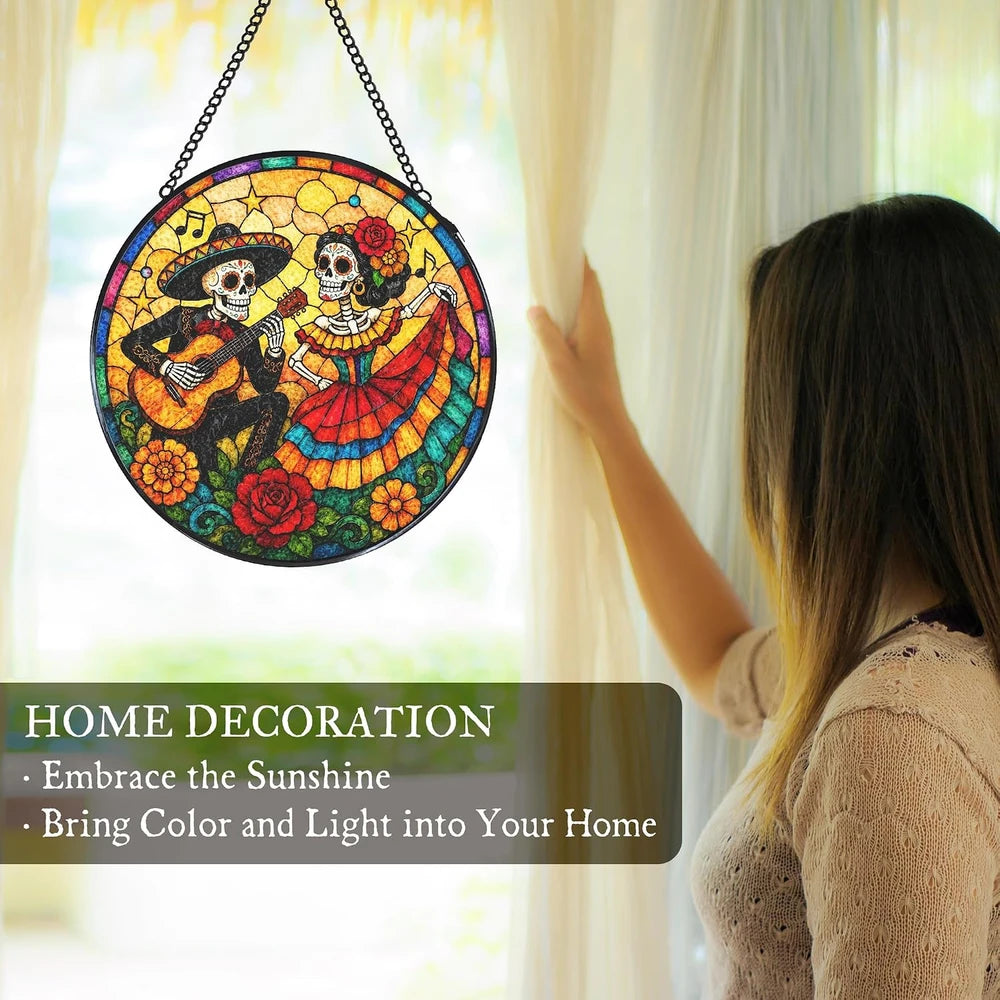Mexican skeleton stained glass suncatcher
