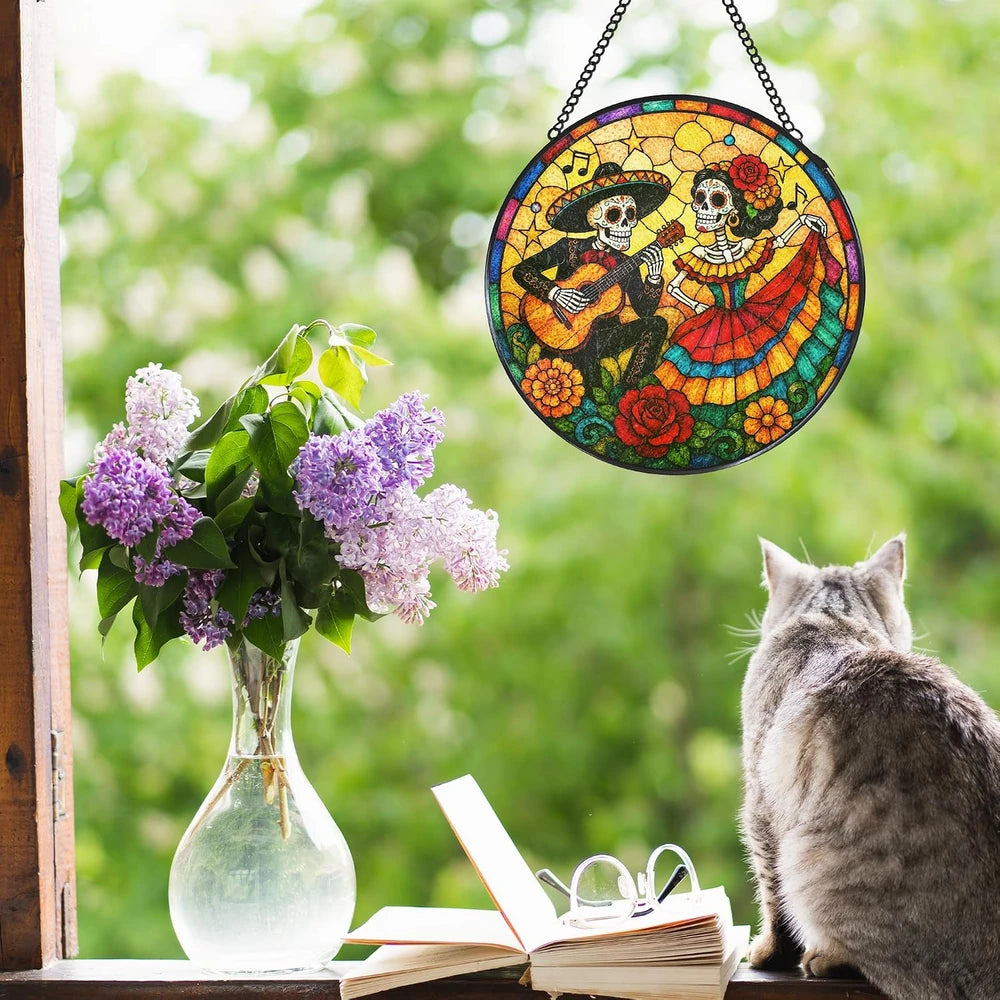 Mexican skeleton stained glass suncatcher