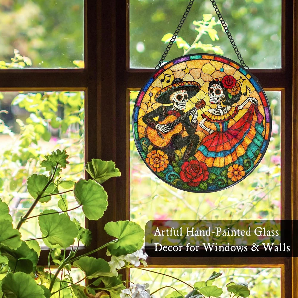 Mexican skeleton stained glass suncatcher