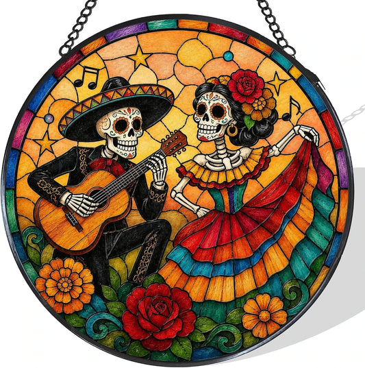 Mexican skeleton stained glass suncatcher