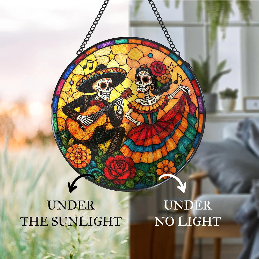 Mexican Skeleton Stained Glass Suncatcher for Autumn DecorMexican skeleton stained glass suncatcher