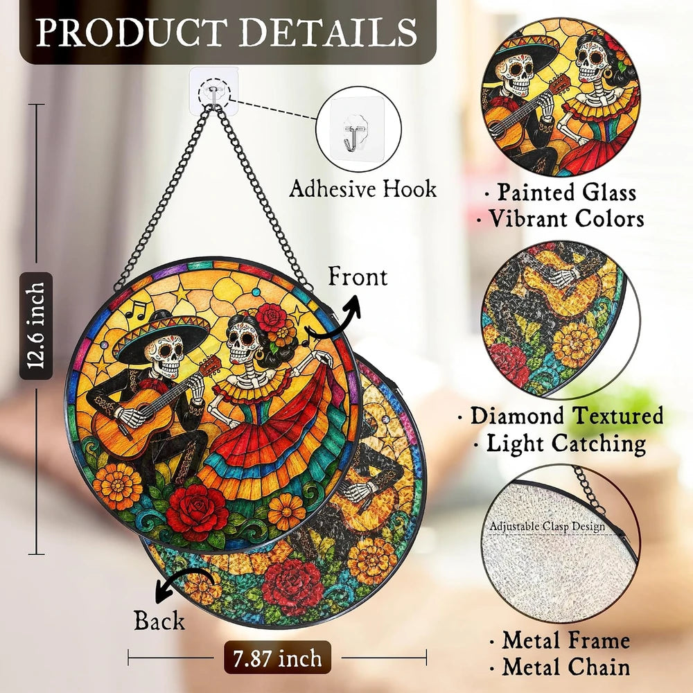 Mexican Skeleton Stained Glass Suncatcher for Autumn Decor