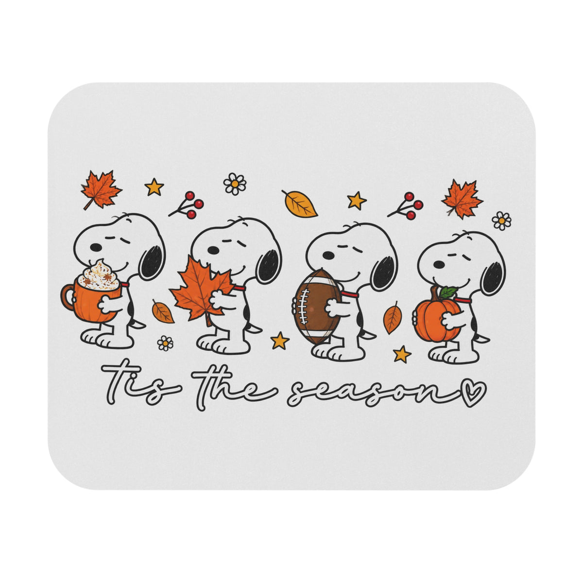 Snoopy 'Tis the Season' Fall Mouse Pad — Autumn Pumpkin, Leaves & Hot Cocoa Desk Mat