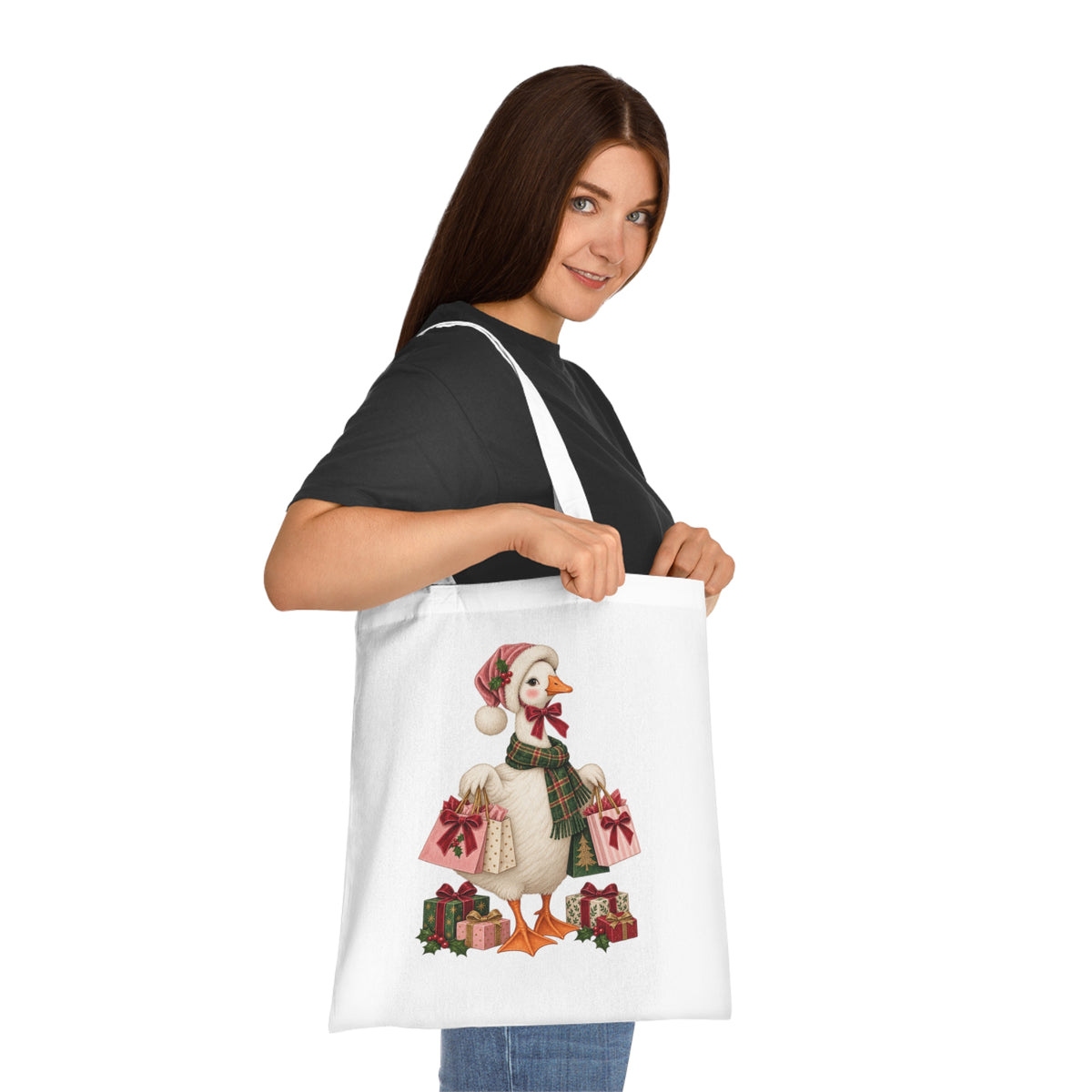 Christmas Duck Tote Bag — Festive Holiday Shopping Cotton Tote with Duck Carrying Gifts