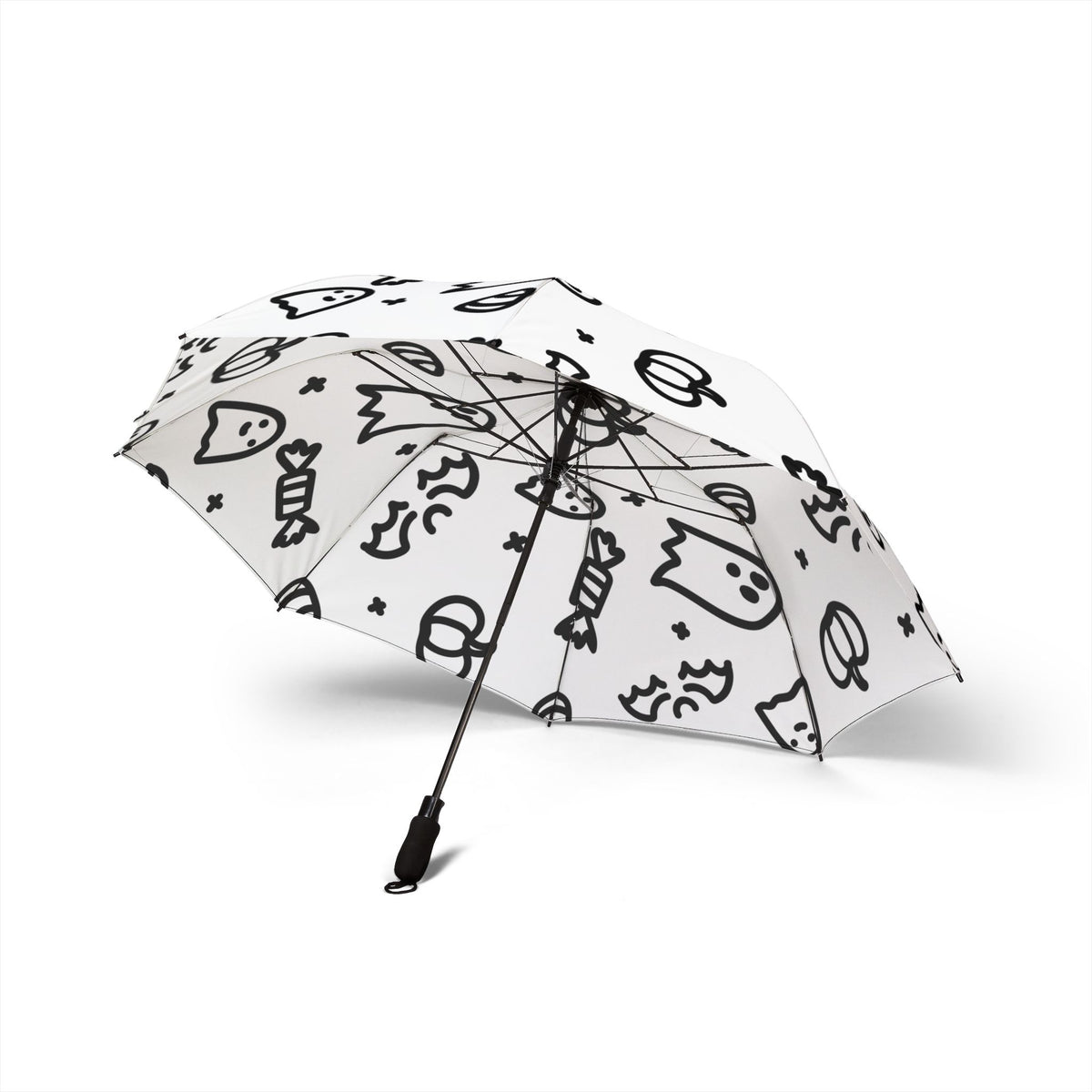 Cute Cat Doodle Foldable Umbrella — Black & White Semi‑Automatic Travel Umbrella