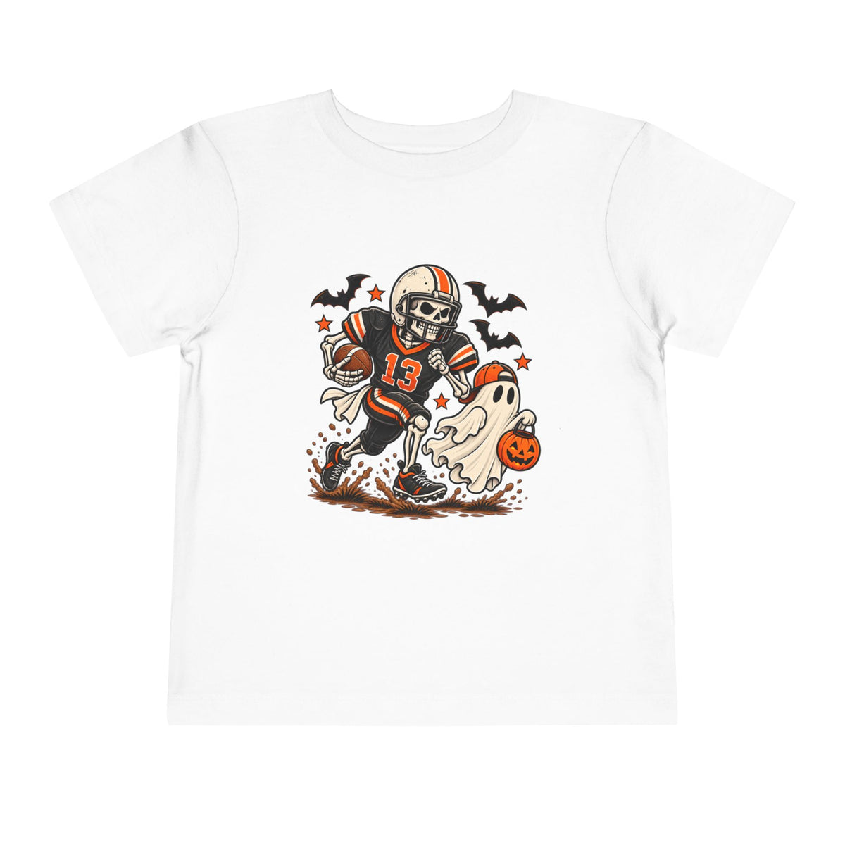 Toddler Halloween Football Tee — Cute Ghost & Skull Player Pumpkin Design