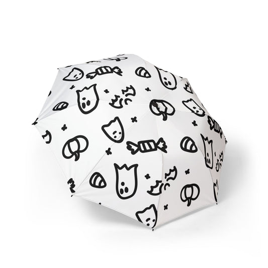 Cute Cat Doodle Foldable Umbrella — Black & White Semi‑Automatic Travel Umbrella