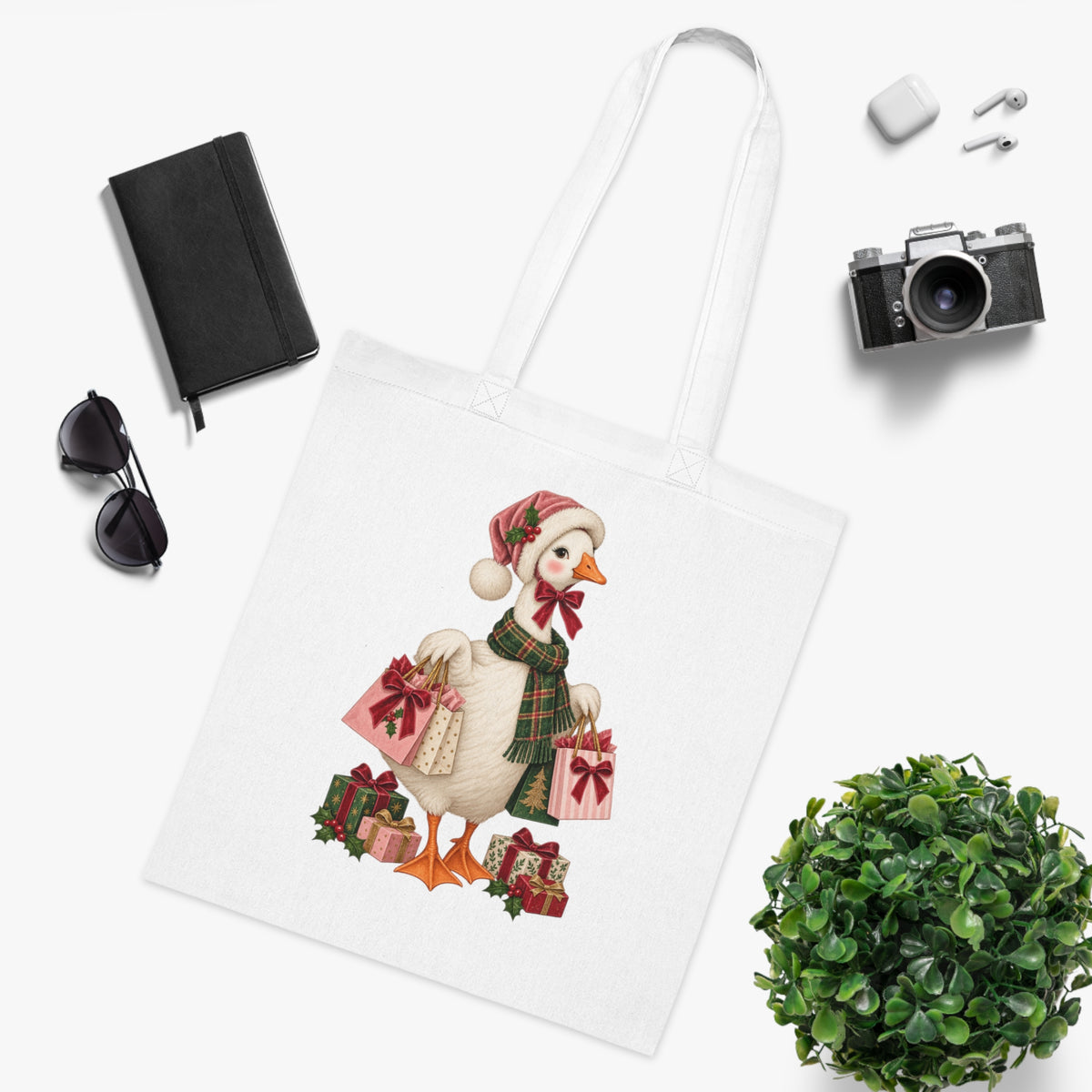 Christmas Duck Tote Bag — Festive Holiday Shopping Cotton Tote with Duck Carrying Gifts