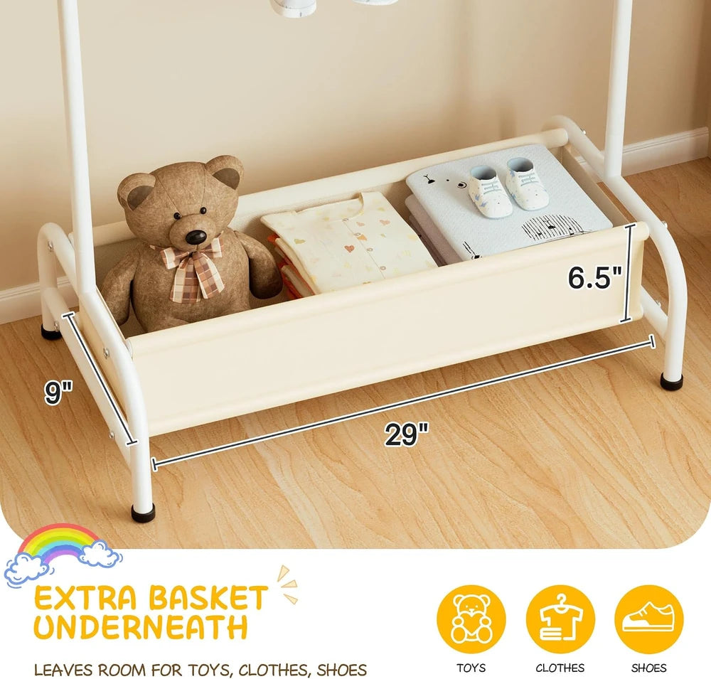 A & M BOUTIQUE white kids clothing rack featuring a spacious bottom storage basket for toys, clothes, and shoes.
