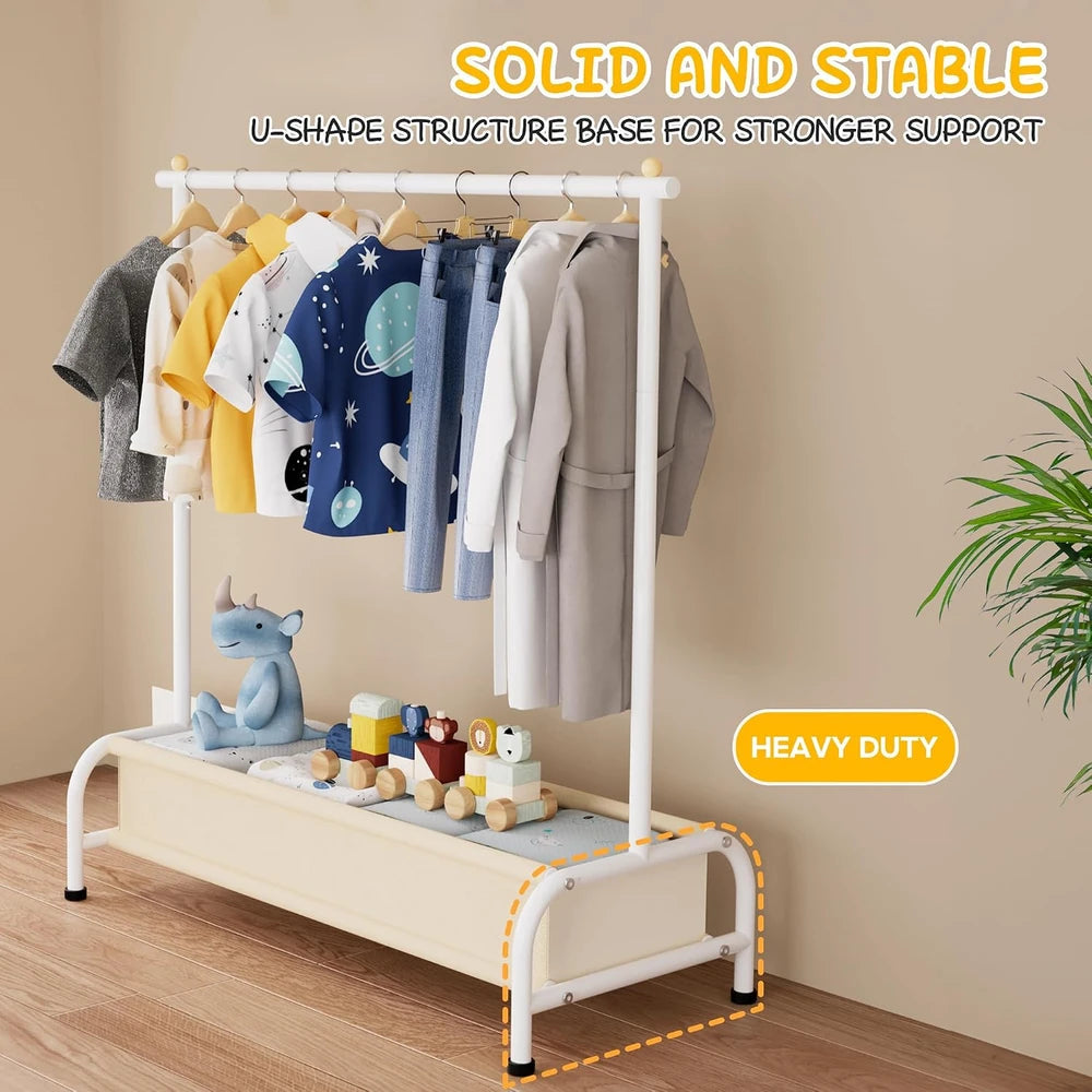 A & M BOUTIQUE white kids clothing rack with a bottom storage basket and stable U-shaped base for playroom organization